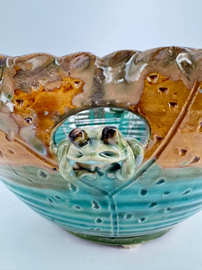 Green & Tan Pottery Frogs Large Bowl