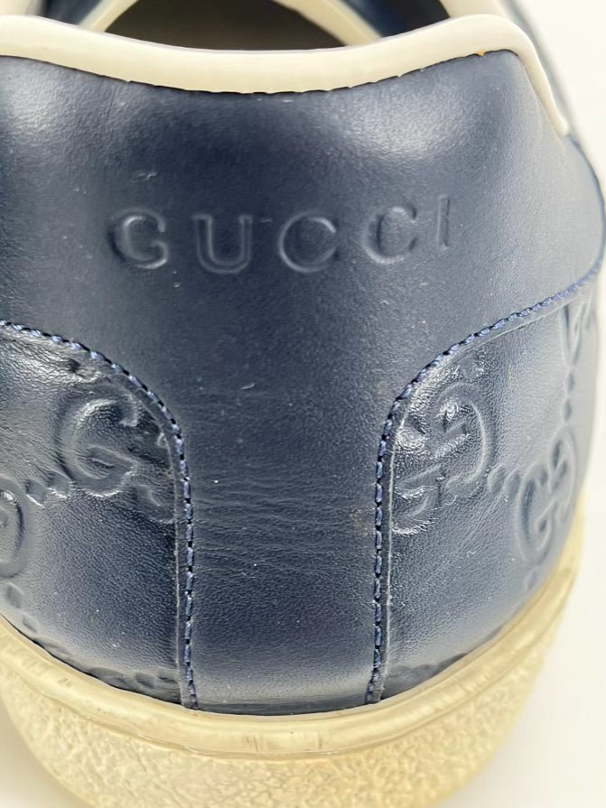 GUCCI Size 11 Navy & Red Leather Logo Ace Sneakers