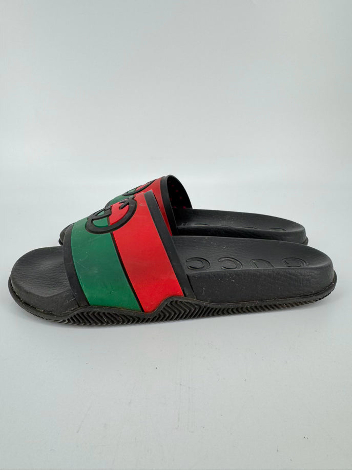 GUCCI Size 8.5 Black, Red & Green Rubber Slides
