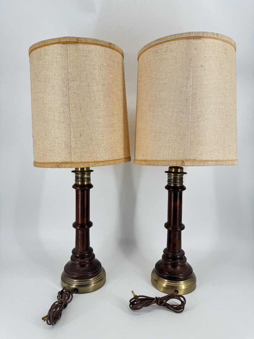 VINTAGE Wood & Brass Pair of Lamps