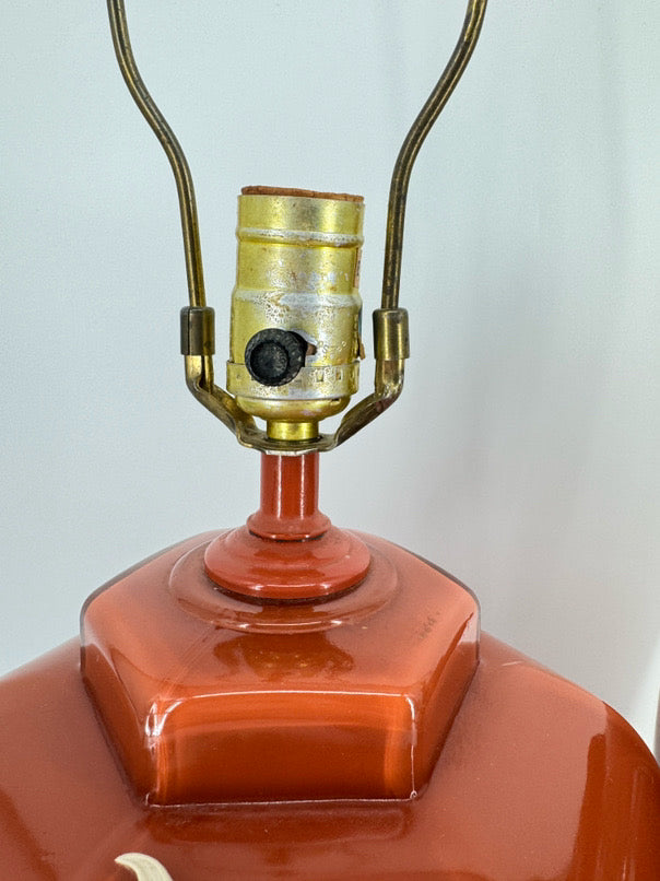 Burnt Orange Glass Raised Flower Design Pair of Ginger Jar Lamps
