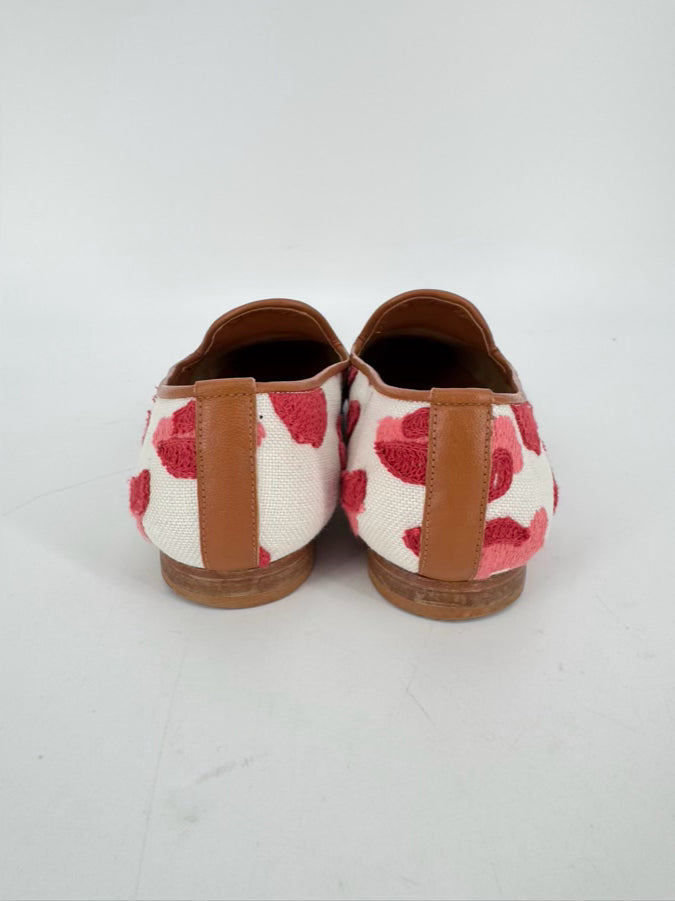 RAMON TENZA Size 7.5 White & Red Embroidered Flats