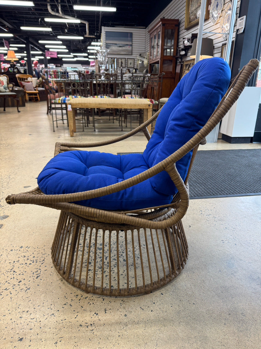 Tan Wicker Chair w/ Blue Cushions