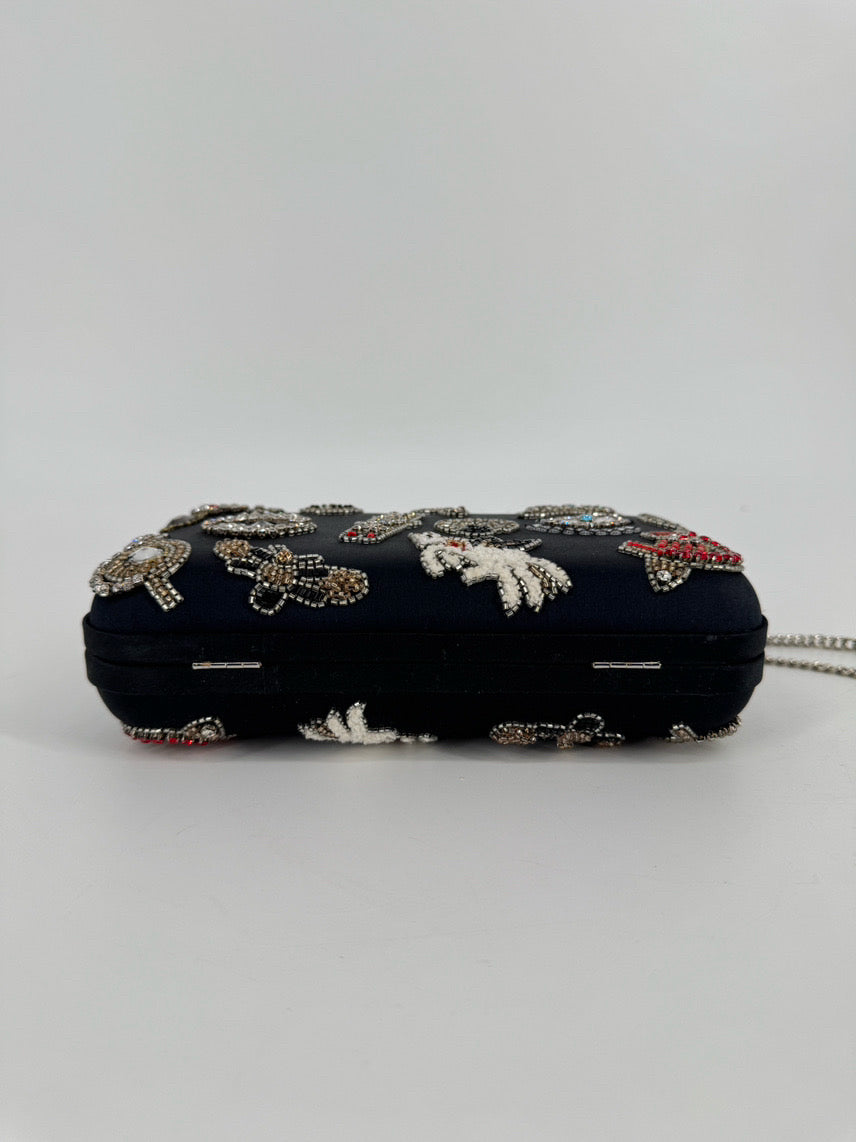 TIANA Black Beaded Eyes Clutch Bag w/ Crossbody Strap