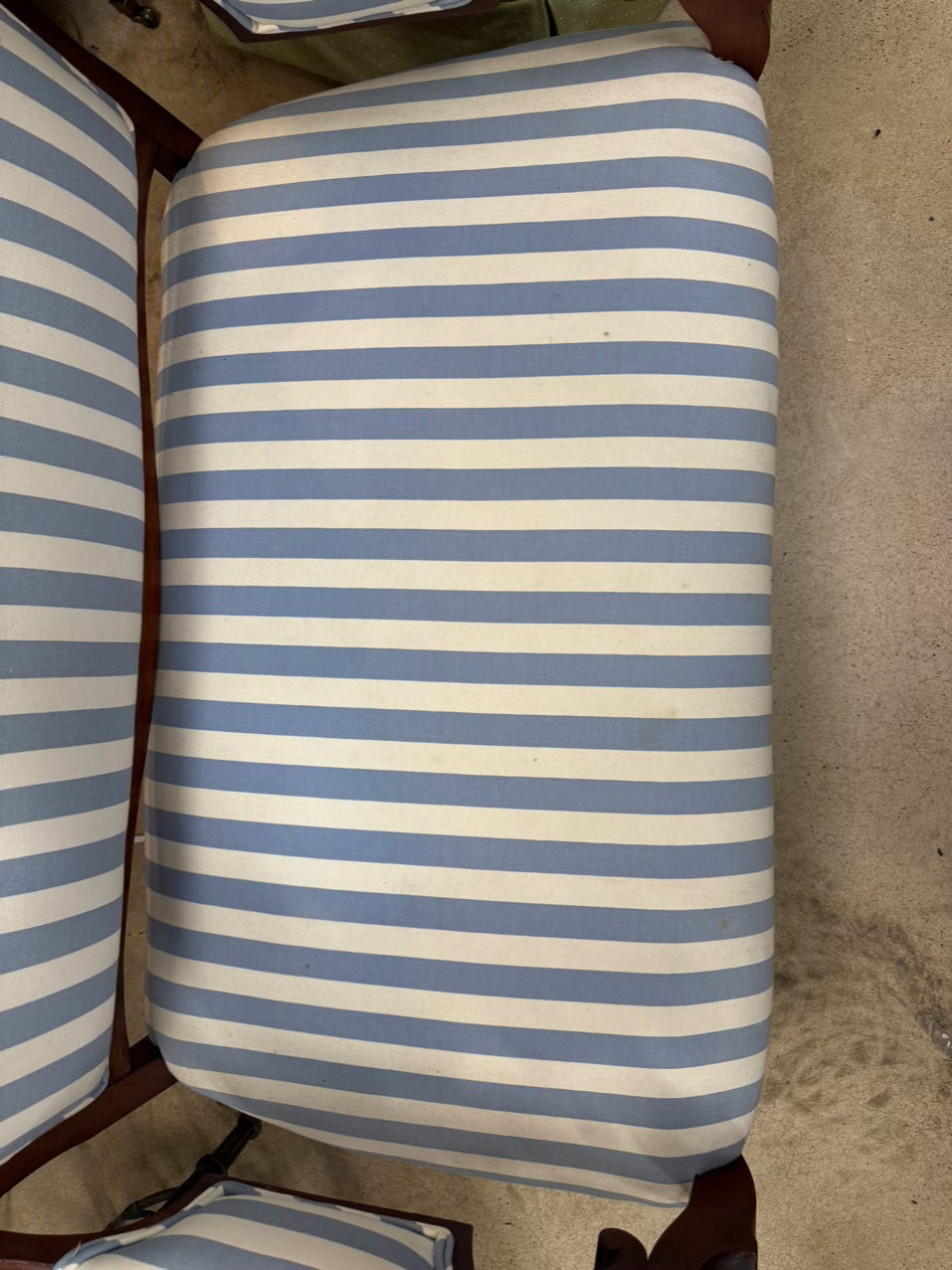 ANTIQUE Wood & Blue & White Stripe Upholstery Victorian Love Seat