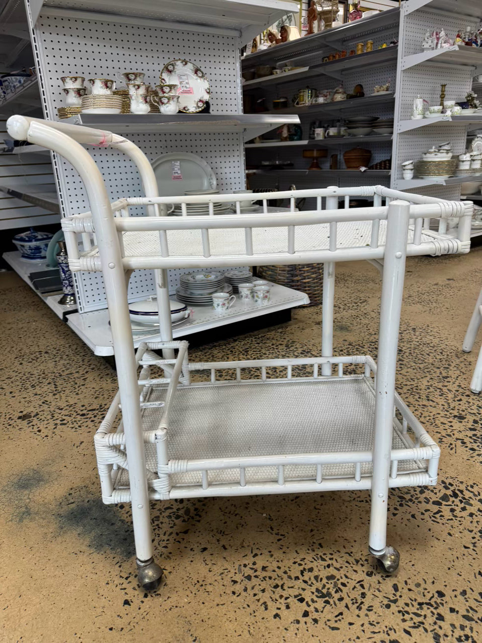 VINTAGE White Painted Bamboo Bar Cart