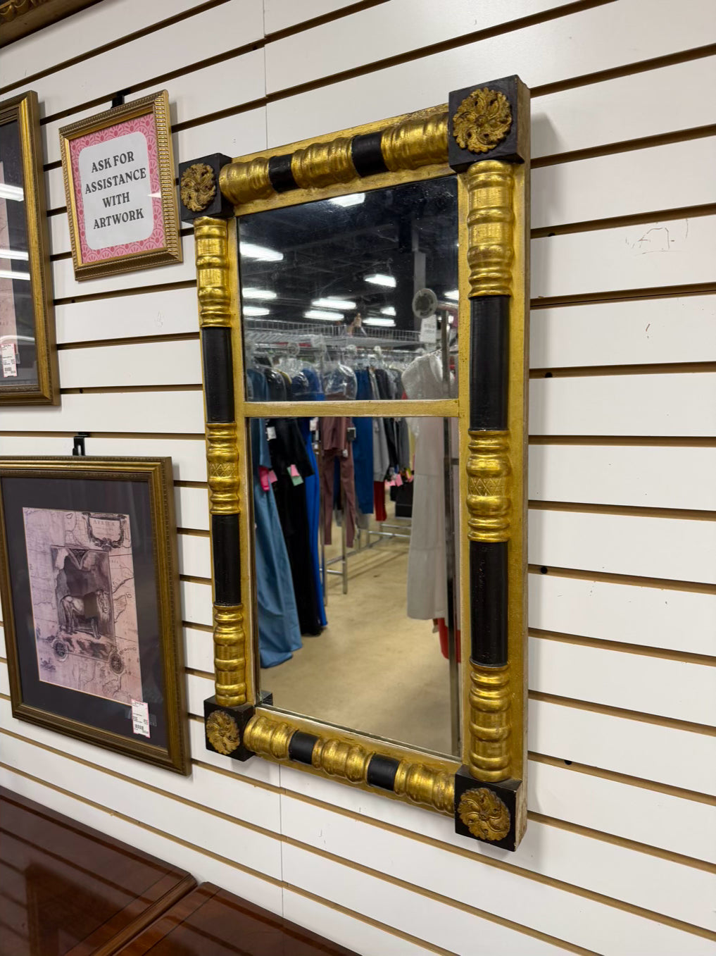 VINTAGE Black & Gold Wood Mirror w/ Medallion Detail