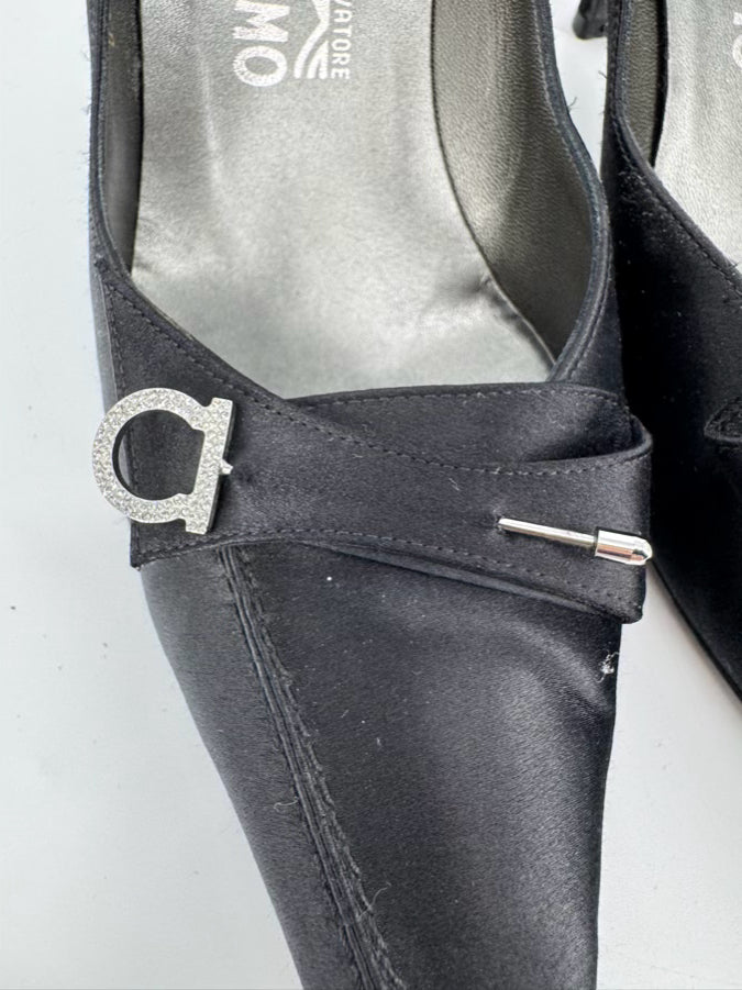 SALVATORE FERRAGAMO Size 8 Black Satin Pumps w/ Pin Detail