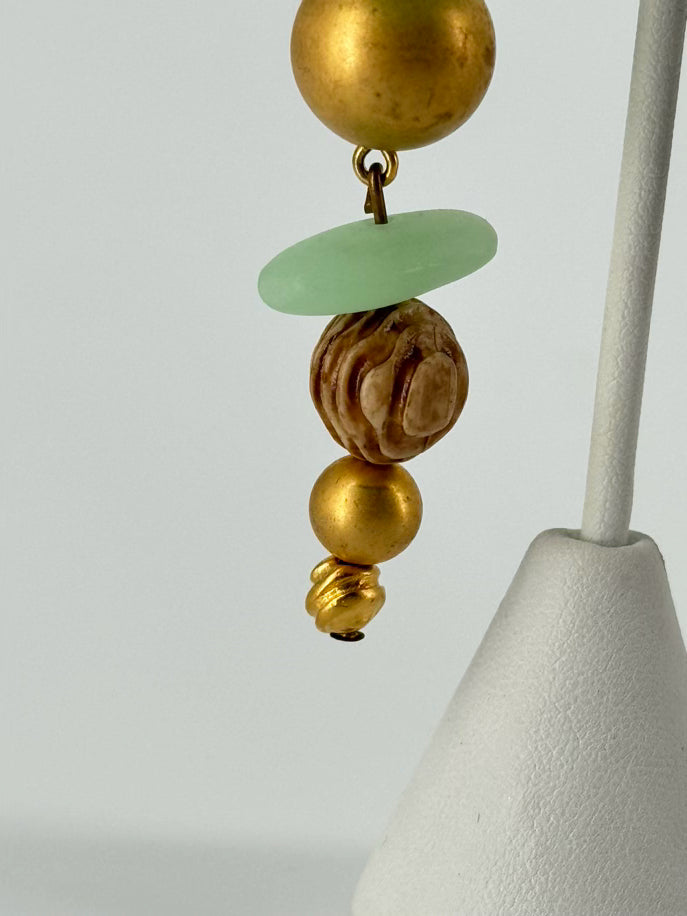 GIVENCHY Gold Tone Green Leaf Long Beaded Clip On Earrings