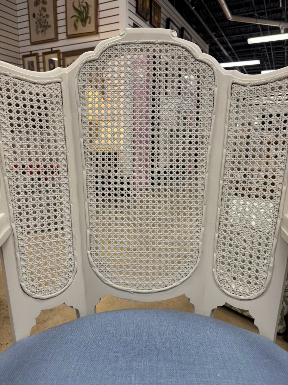 VINTAGE White Wood Blue Upholstered Cane Back Chair