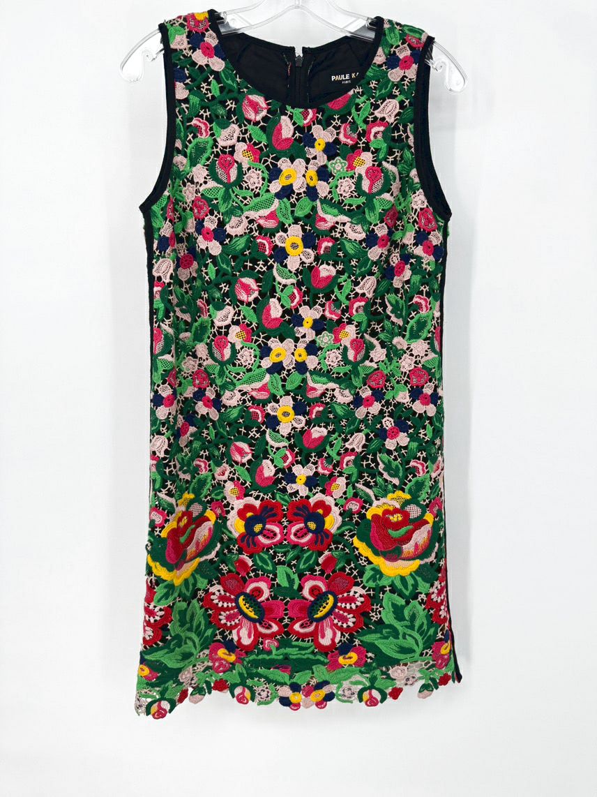 PAULE KA Size 40 Multi-Color Floral Needlework Sleeveless Dress