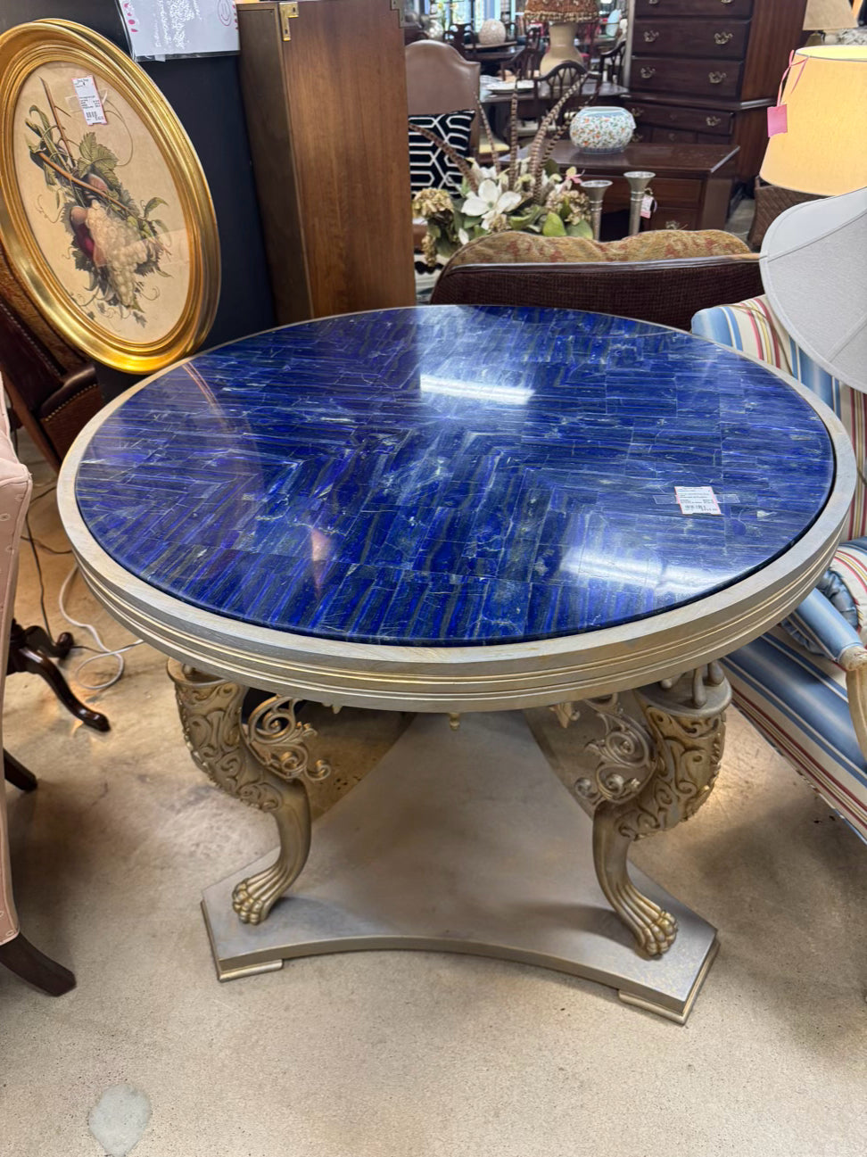 Blue Lapis & Wood Round French Occasional Table w/ Intricate Claw Feet