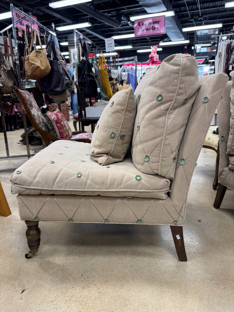 Tan & Green Pair of Armless Accent Chairs