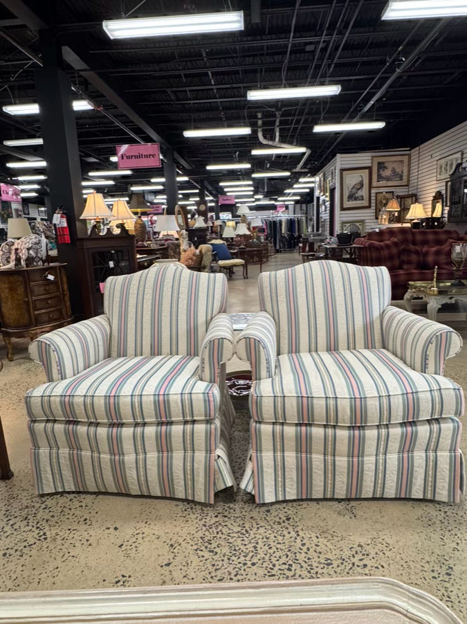 VANGUARD Cream, Blue & Pink Stripe Pair of Club Chairs