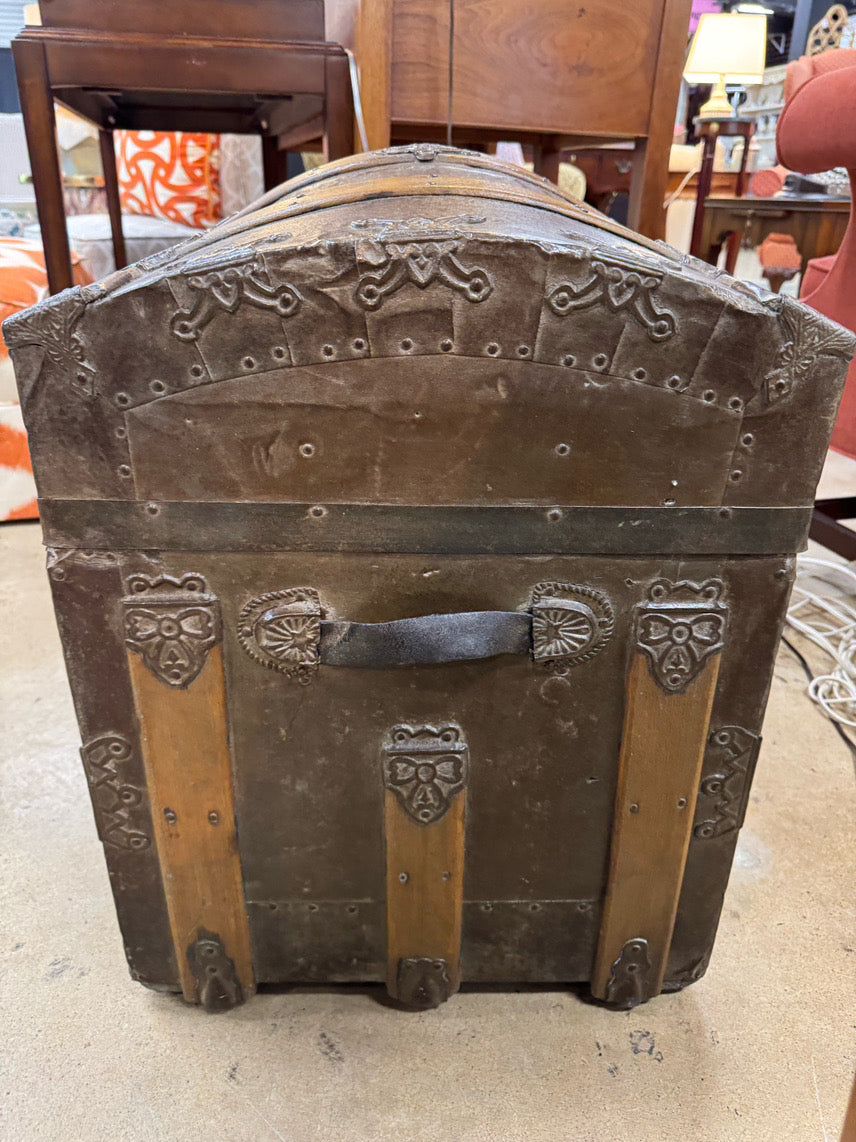 ANTIQUE Wood & Tin Rounded Top Trunk