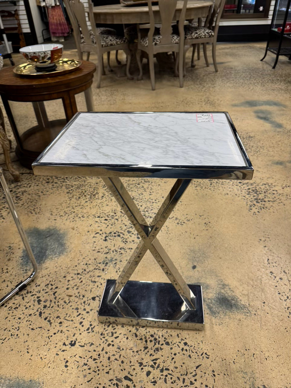White & Silver Metal & Faux Marble Side Table