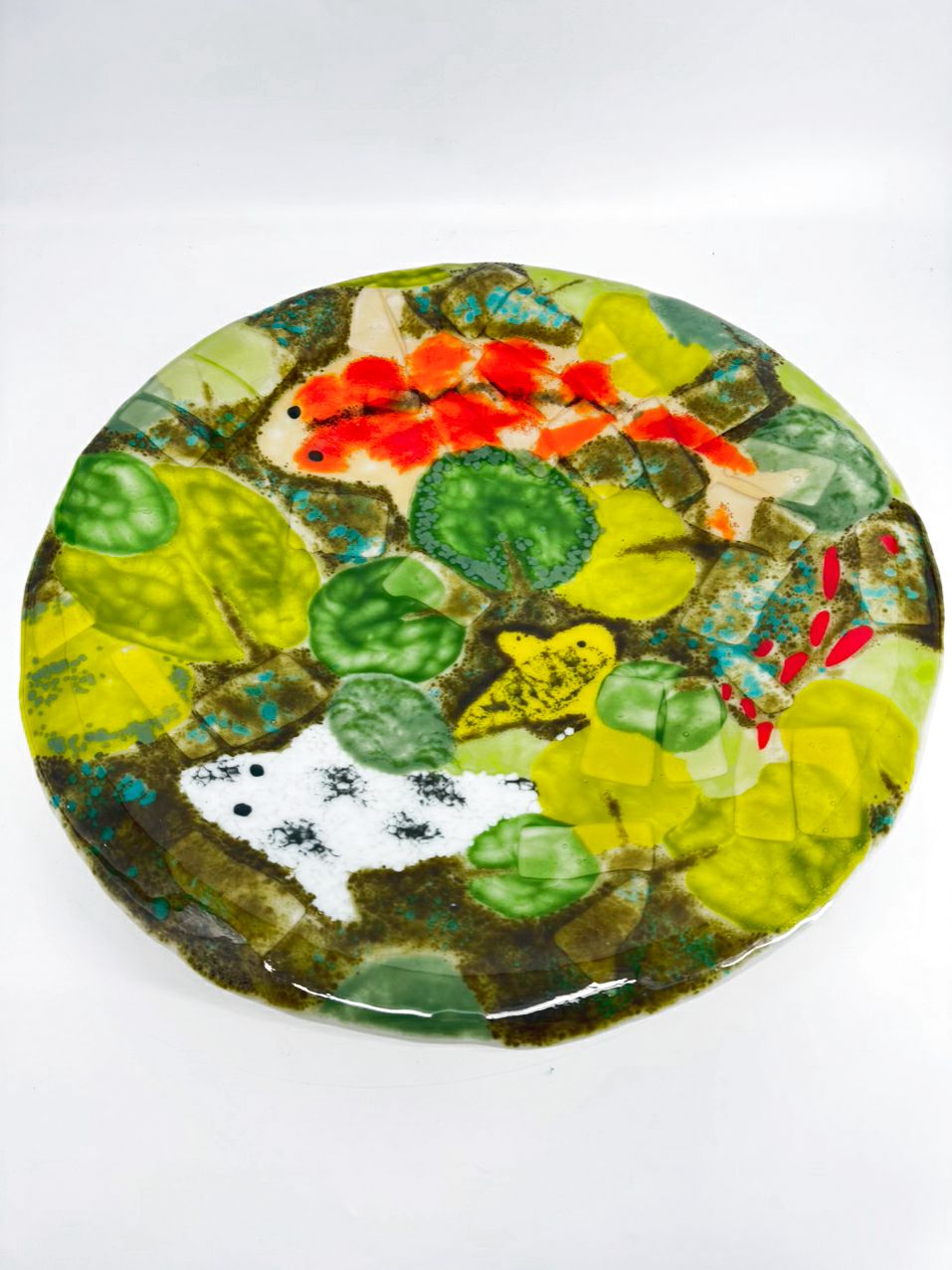 Green & Orange Art Glass Fish Large Round Shallow Bowl
