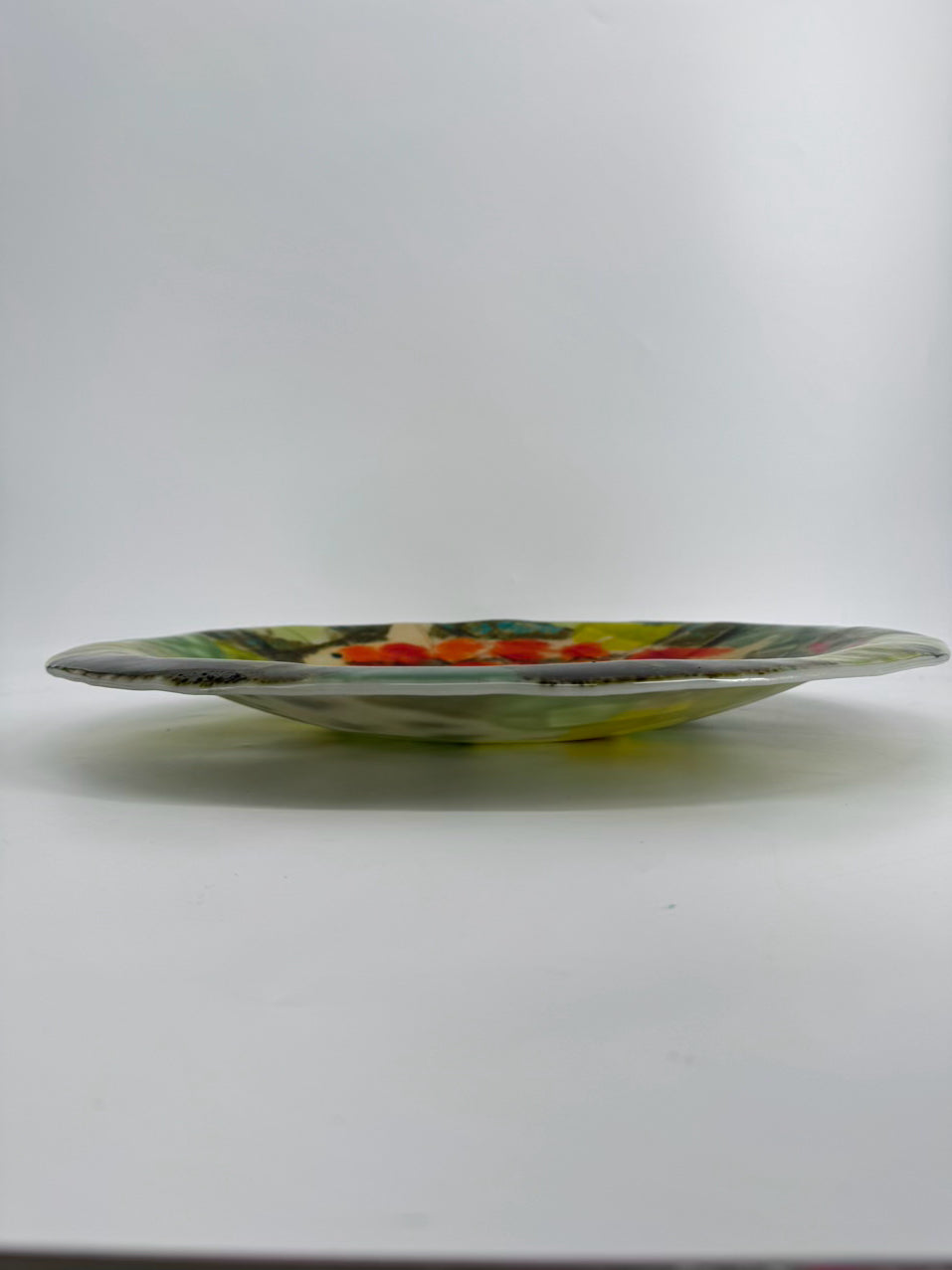Green & Orange Art Glass Fish Large Round Shallow Bowl