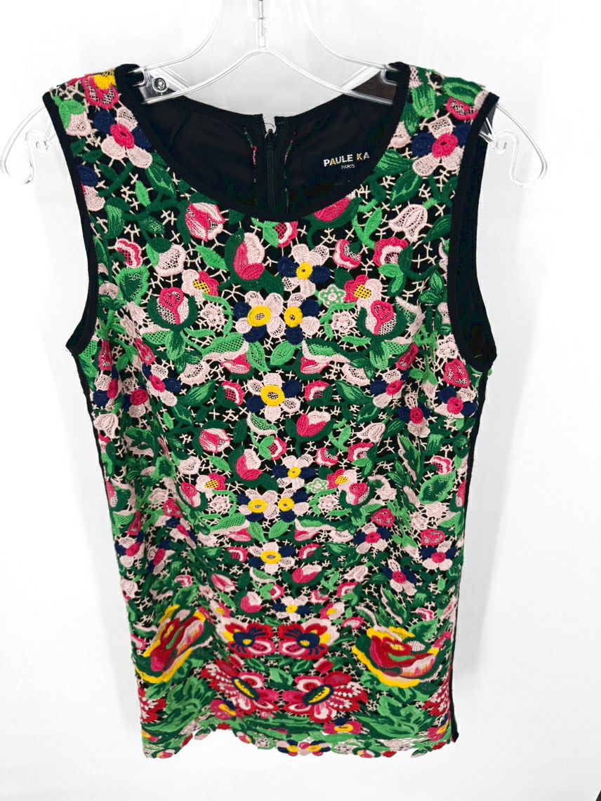 PAULE KA Size 40 Multi-Color Floral Needlework Sleeveless Dress