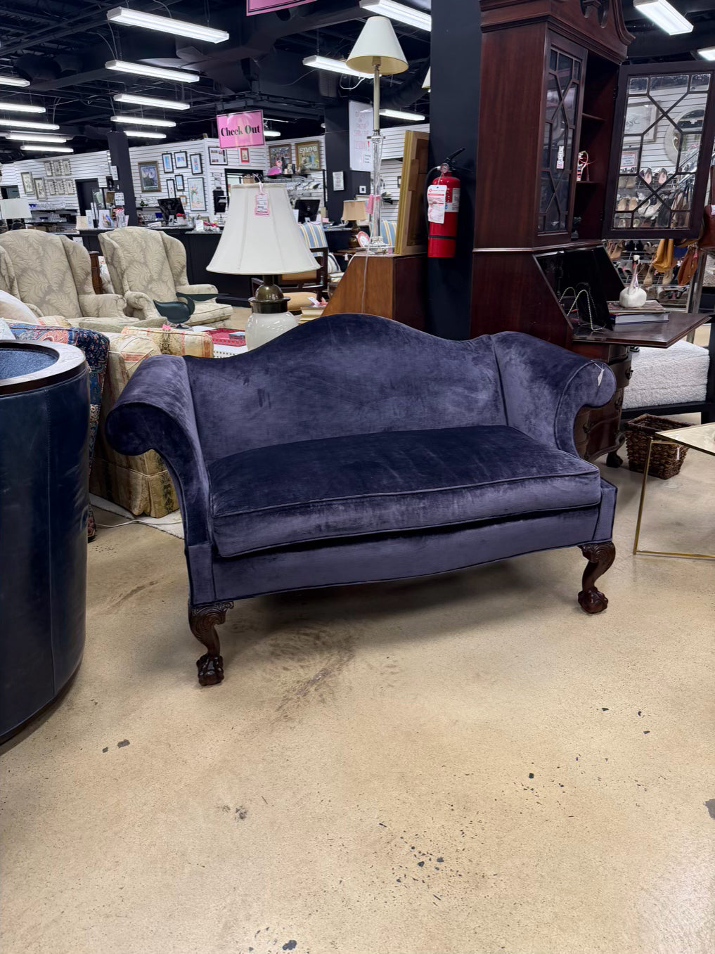 VINTAGE Wood Ball & Claw Love Seat w/ Purple Velveteen Fabric