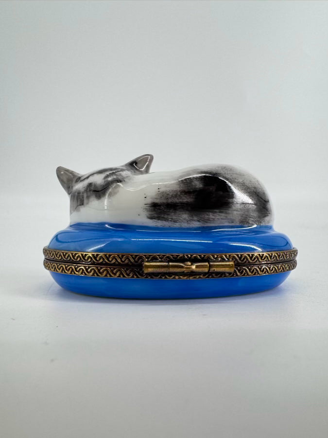 LIMOGES Black, White & Blue Cat on Blanket Ceramic Trinket Box