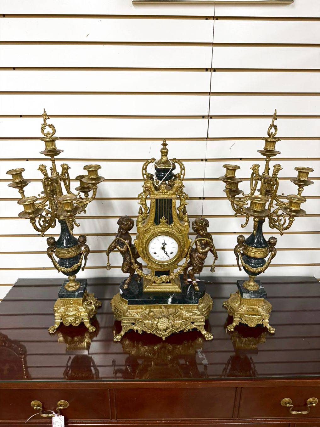 ITALIAN Brass & Marble 3 Piece Clock & Candelabra