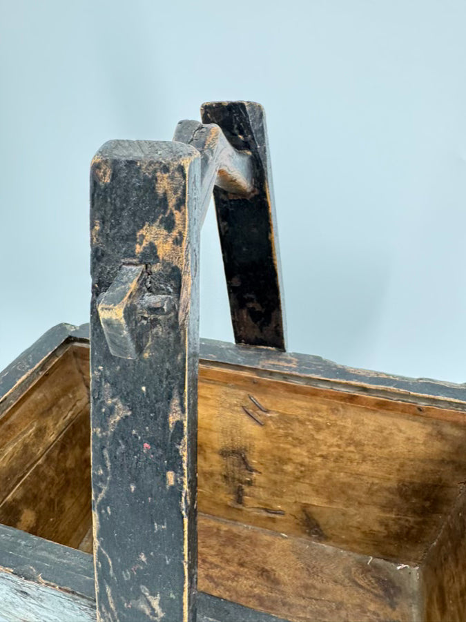 ANTIQUE Black Wood Painted Flowers Basket