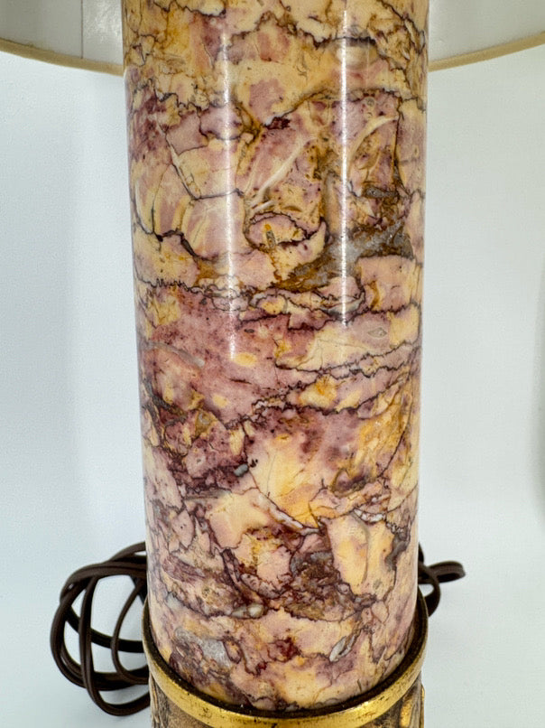 Cream & Pink Marble & Brass Trim Neoclassical Gladiators Pair of Lamps