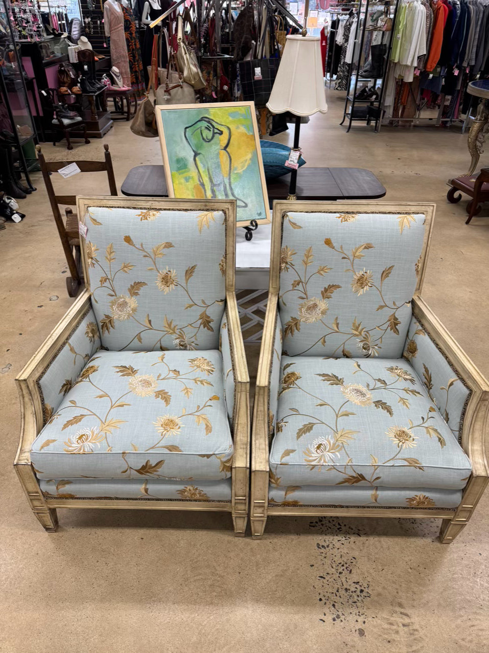 TAYLOR KING Cream & Blue Floral Upholstered French Pair of Chairs