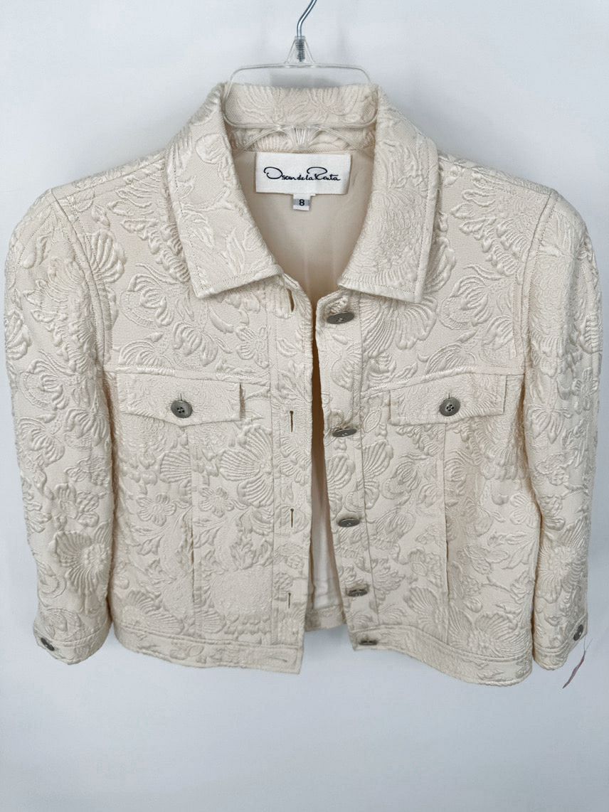 OSCAR DE LA RENTA Size 8 Champagne Embossed Floral Jacket