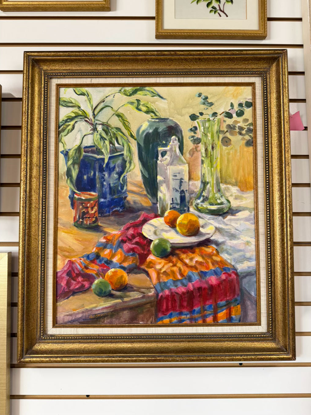 N J Anderson Still Life Stripe Scarf Painting In Brushed Gold Frame