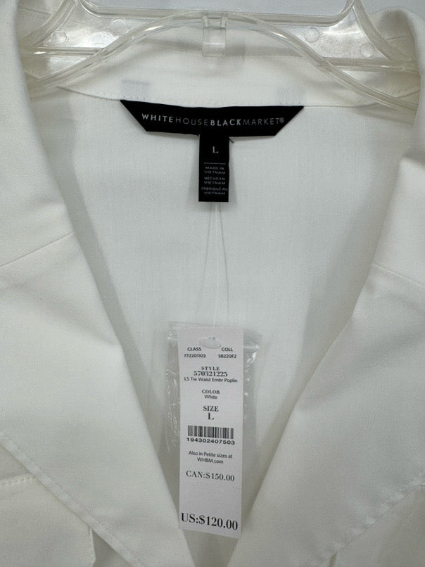 WHITE HOUSE BLACK MARKET Size L White Eyelet Tie Waist Blouse NWT
