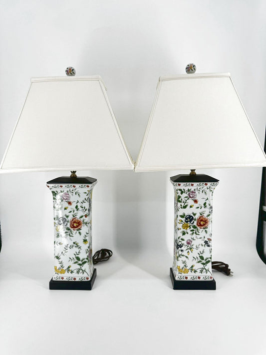 Green, Rust & Yellow Porcelain Floral Pair of Lamps