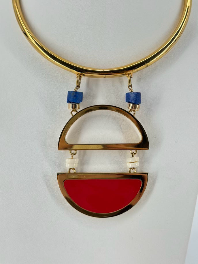 LIZZIE FORTUNADO Red, Blue, & Gold Tone Geometric Statement Necklace
