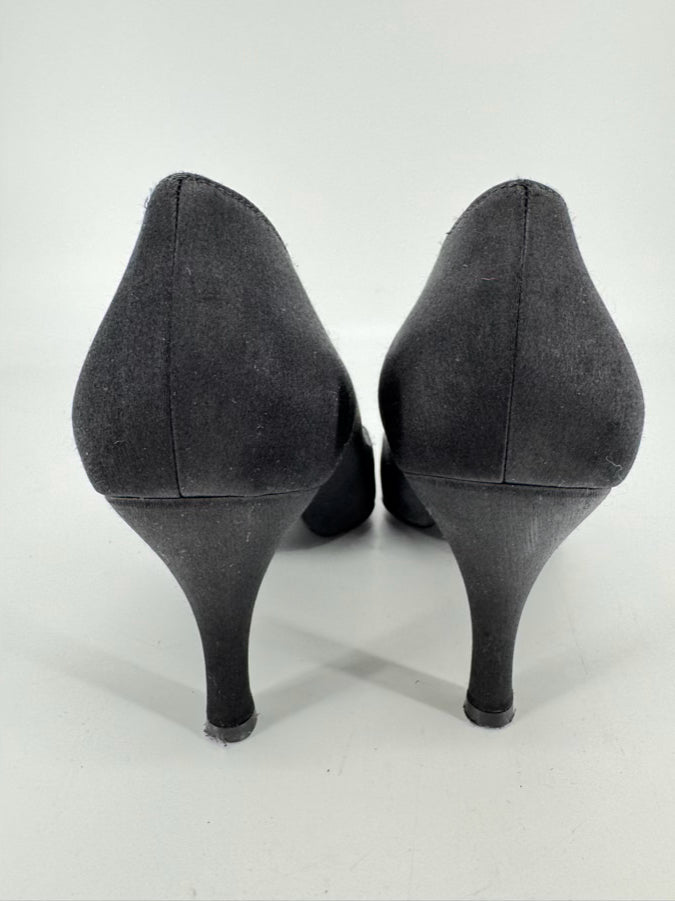 SALVATORE FERRAGAMO Size 8 Black Satin Pumps w/ Pin Detail
