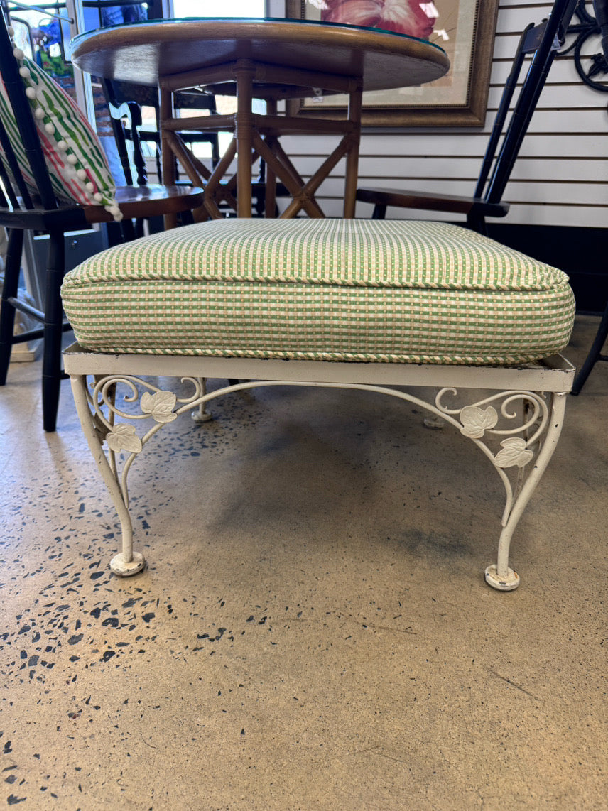VINTAGE White & Green Wrought Iron Check Upholstered Ottoman