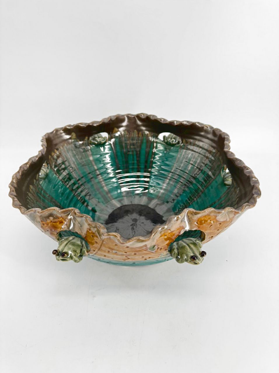 Green & Tan Pottery Frogs Large Bowl