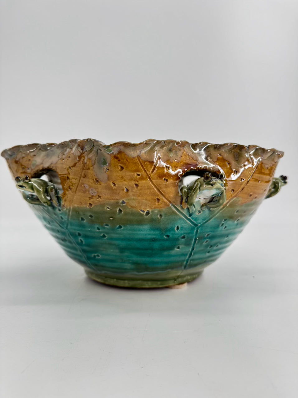 Green & Tan Pottery Frogs Large Bowl