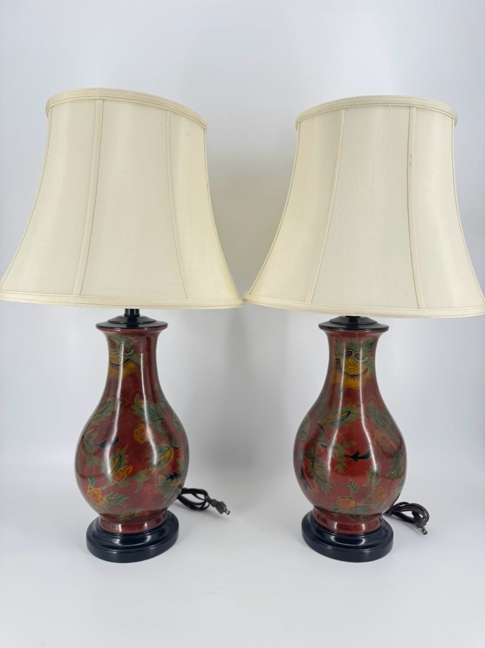 Brick & Green Flowers Ceramic Pair of Lamps