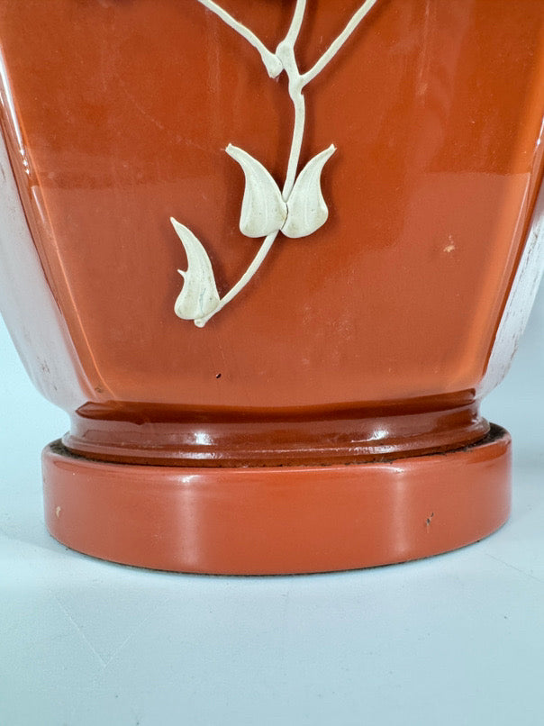Burnt Orange Glass Raised Flower Design Pair of Ginger Jar Lamps