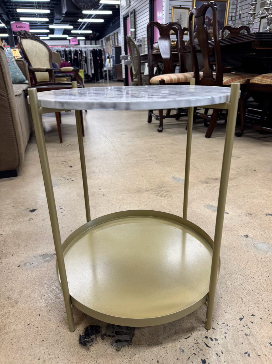 Gold & White Metal & Faux Marble Top Round Occasional Table