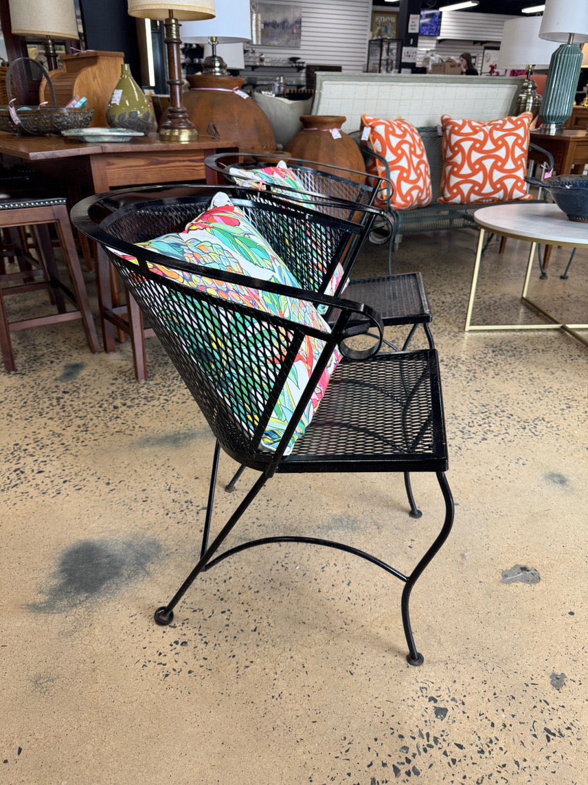 VINTAGE Black Wrought Iron Pair of Chairs w/ Pillows