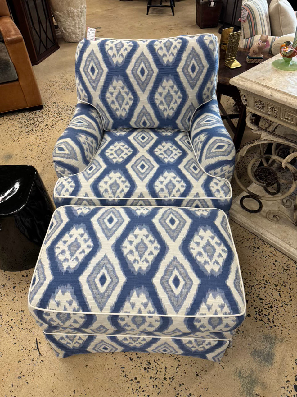 Blue & White Geometric Club Chair & Ottoman