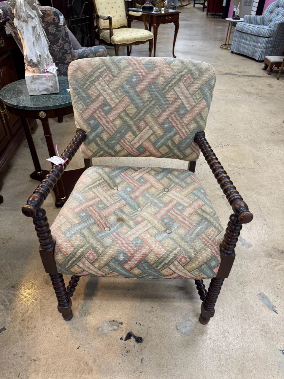 VINTAGE Bobbin Wood Upholstered Chair