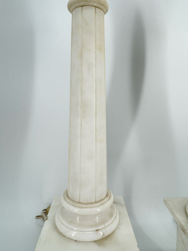 White Alabaster Neoclassical Column Pair of Lamps