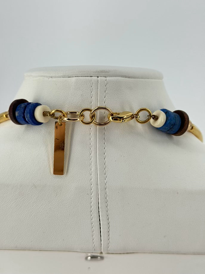 LIZZIE FORTUNADO Red, Blue, & Gold Tone Geometric Statement Necklace