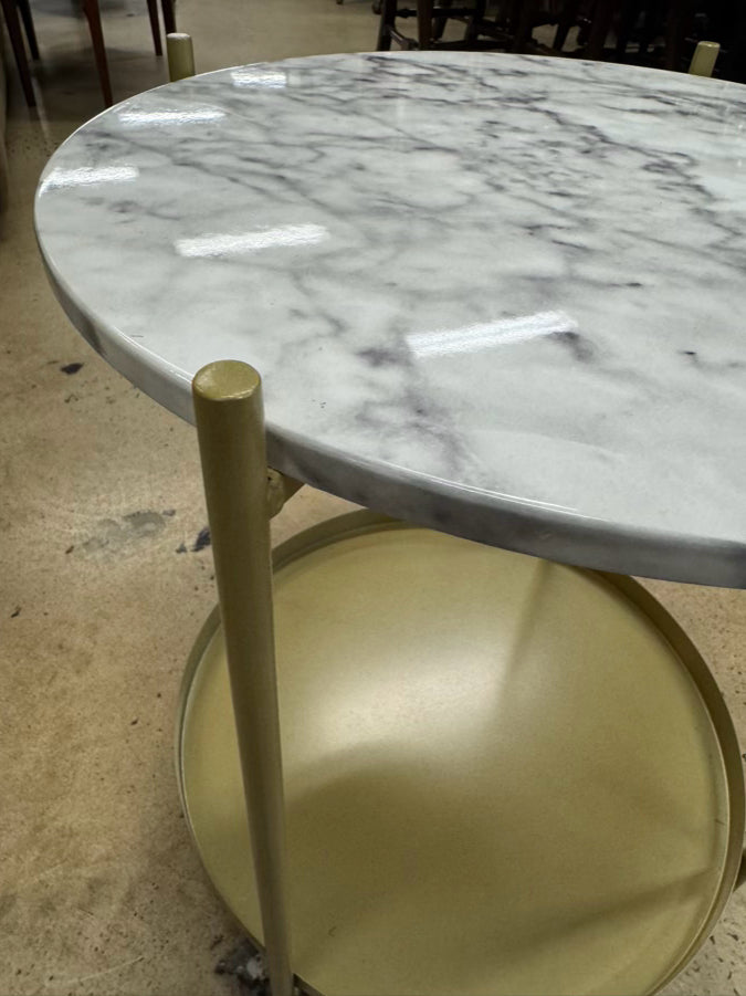 Gold & White Metal & Faux Marble Top Round Occasional Table