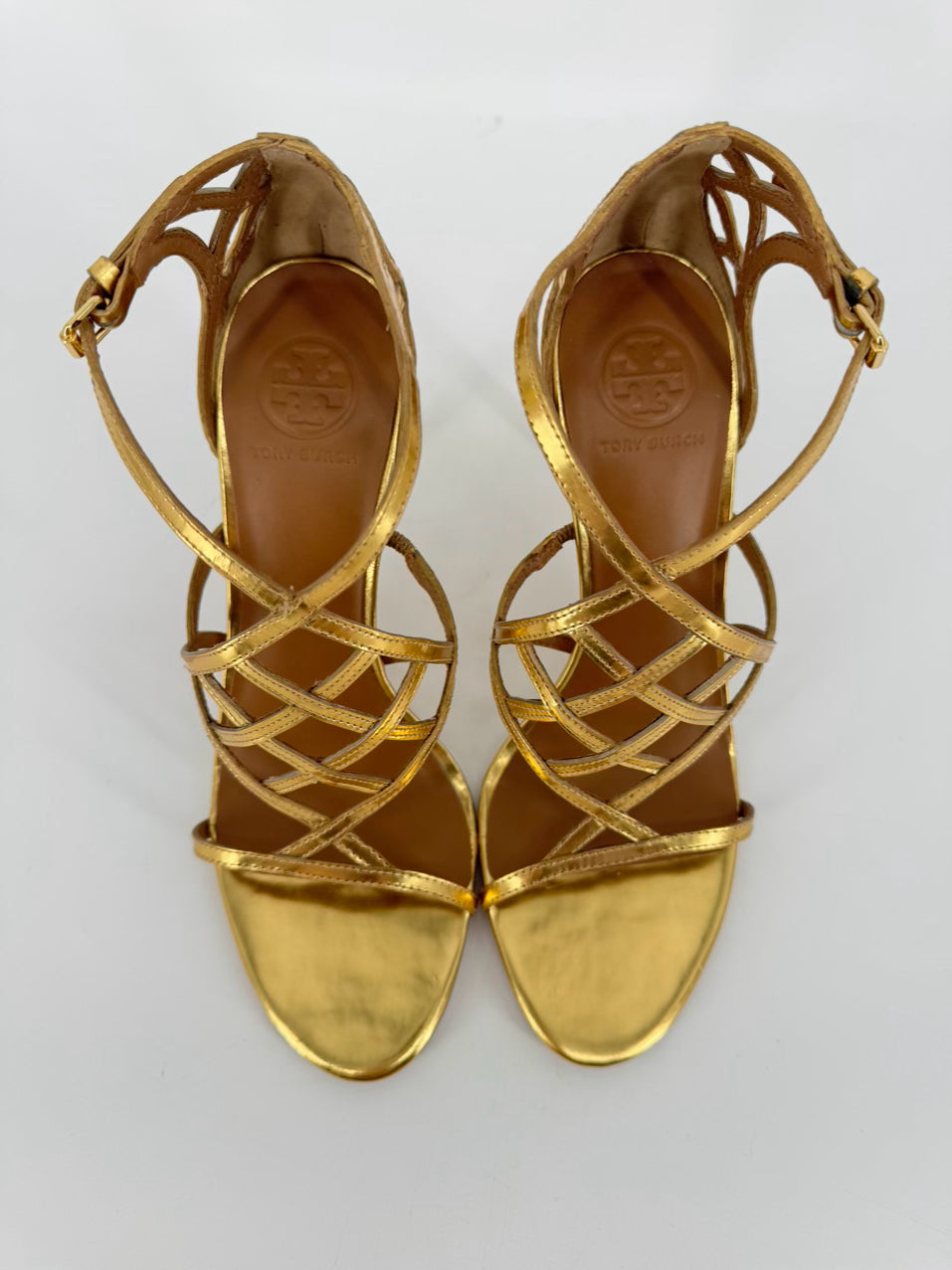 TORY BURCH Size 10 Gold Amalie Metallic Cage Heels