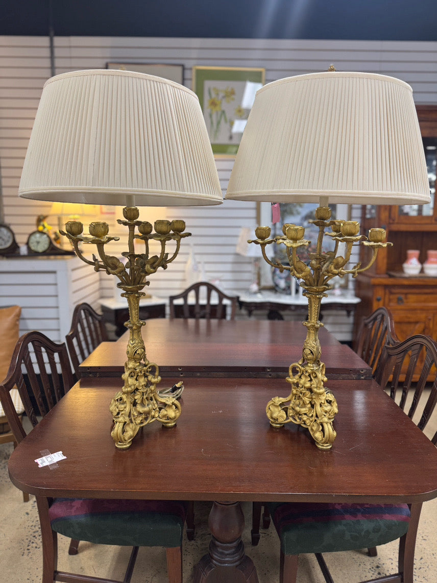 Gold Metal Neoclassical Floral 6-Arm Design Pair of Lamps