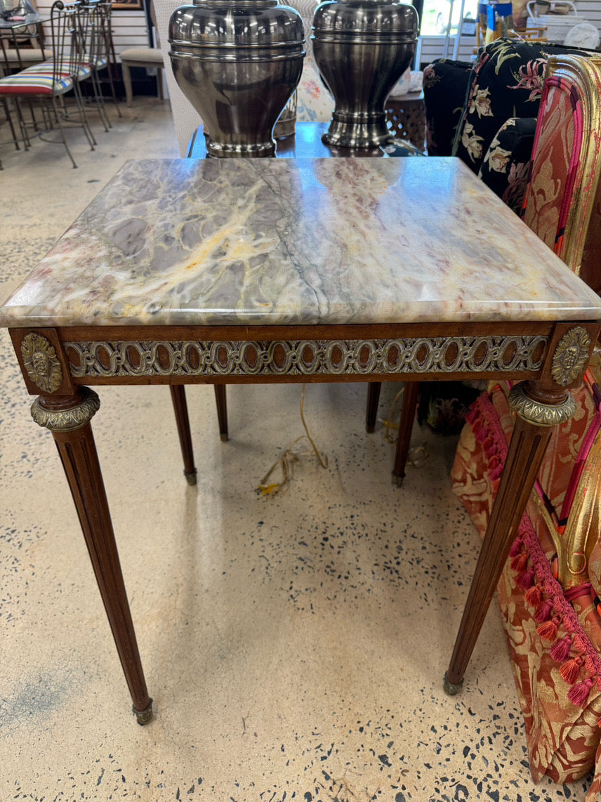 VINTAGE Wood & Marble Square French Occasional Table